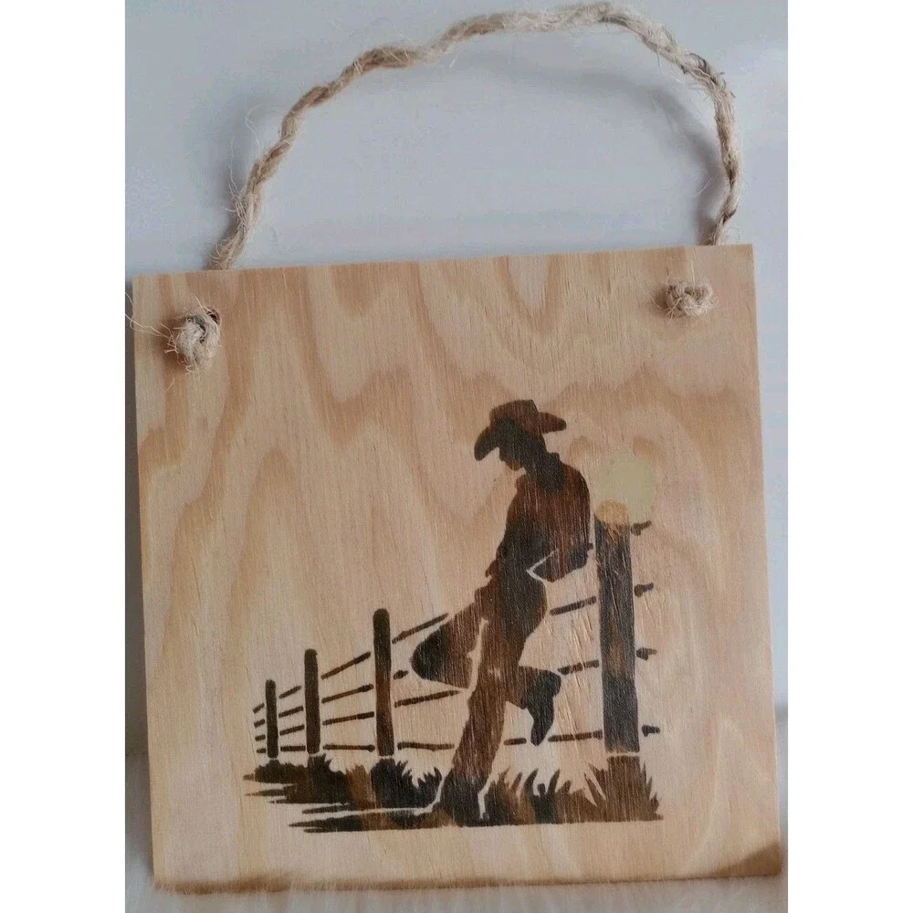 Handmade Cowboy Leaning on Fence Wood Burnished 8 1/2